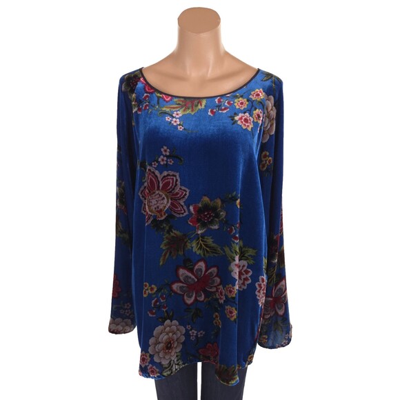 Johnny Was Karmen Velvet Tunic Top Size L Womens Blue Floral Rayon Silk $258 - Picture 2 of 9